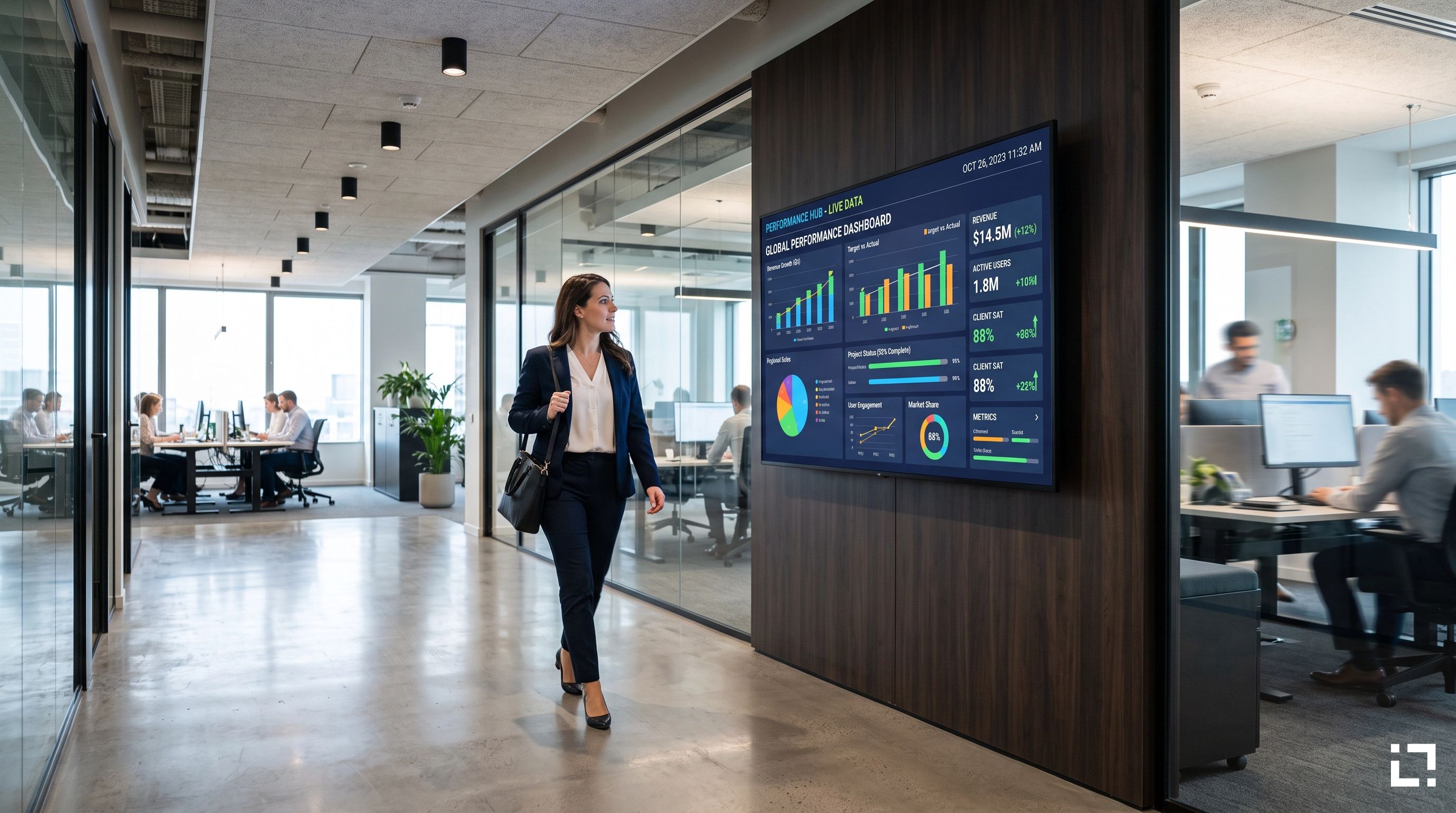 Wide-angle photograph of a modern open-plan corporate office where a businesswoman in a navy blue suit walks through a corridor, looking at a large wall-mounted digital display showing a live KPI performance dashboard with colorful bar graphs, pie charts, 