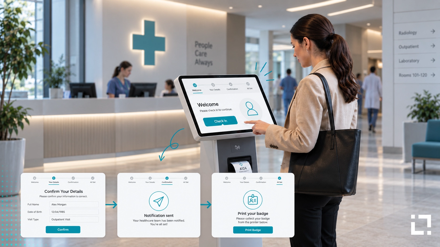 Digital self-service check-in in a hospital with an interactive kiosk for visitor registration, staff notification, and badge printing.