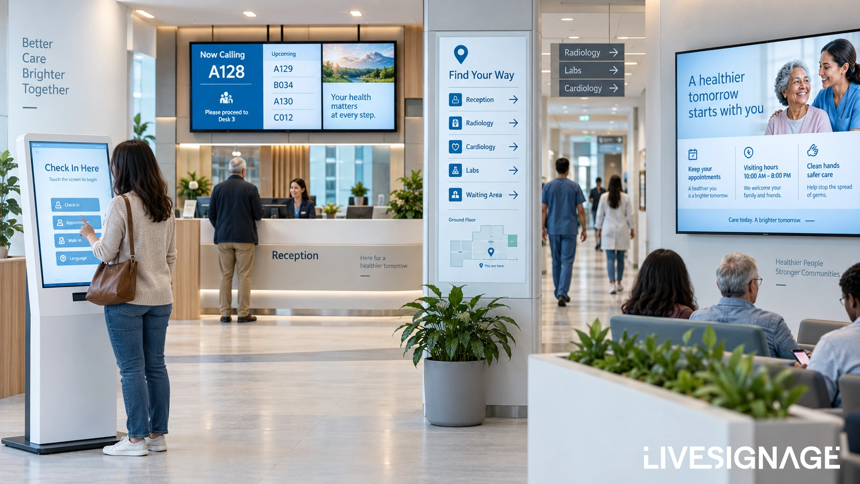 Digital signage for healthcare in a modern hospital lobby, featuring self check-in kiosk, queue display, wayfinding screen, and patient communication signage.