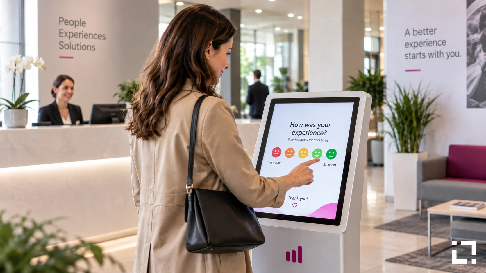 Customer using a digital feedback kiosk to rate their experience through a touchscreen survey in a modern reception area.