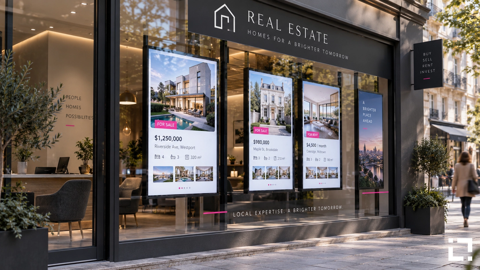 Modern real estate agency window with digital signage displays showcasing automatically updated property listings.