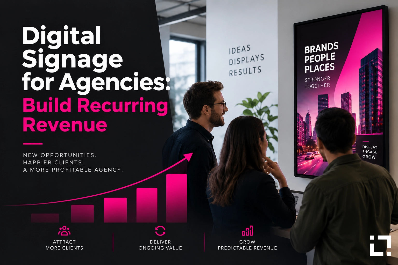 Cover image for an article about digital signage for agencies: a team in a modern office looks at a vertical digital display, while the headline “Digital Signage for Agencies: Build Recurring Revenue” appears on a dark background with Livesignage magenta accents and growth graphics.