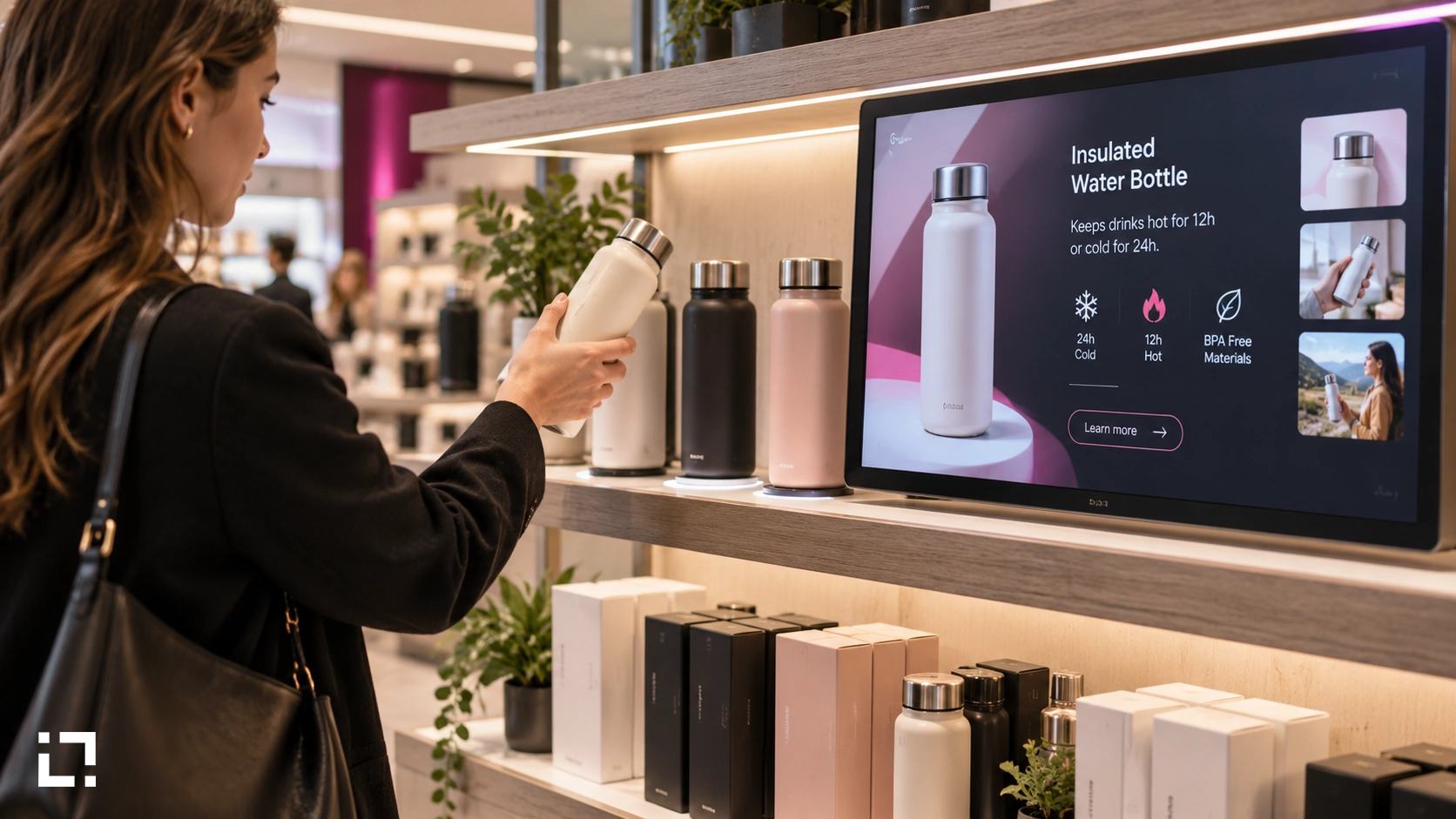 Lift-and-learn retail display activated by a shopper lifting a product, showing product information on a connected digital screen.