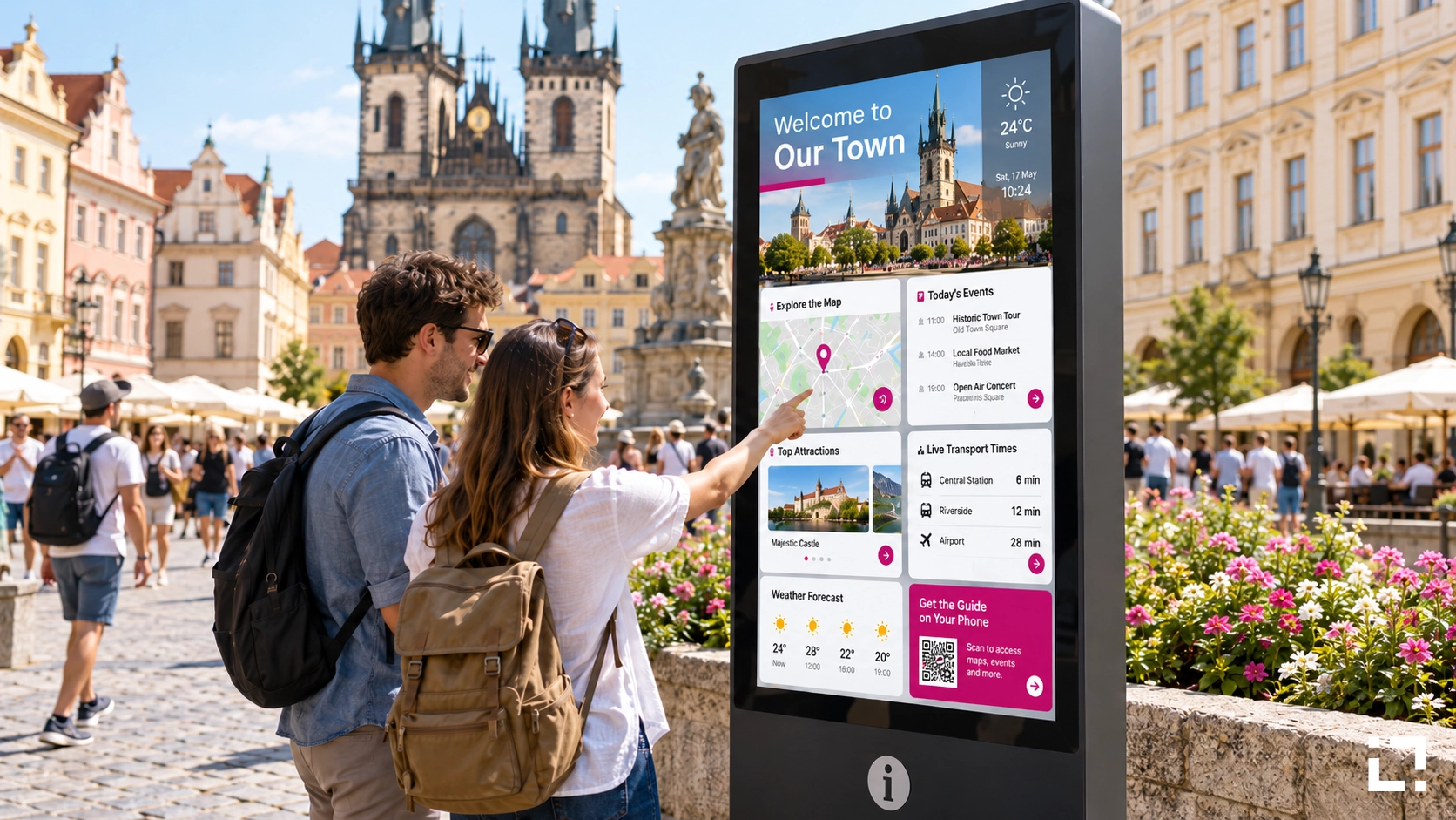 dammi l'alt text Tourists using an interactive digital information kiosk in a historic city square, with live maps, events, weather and transport updates.