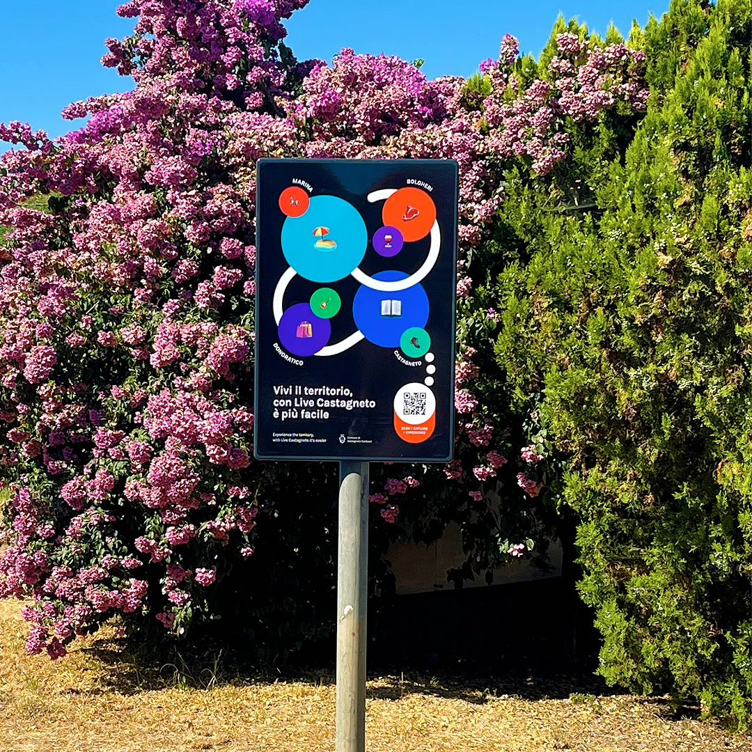 Live Castagneto information sign installed beside flowering shrubs