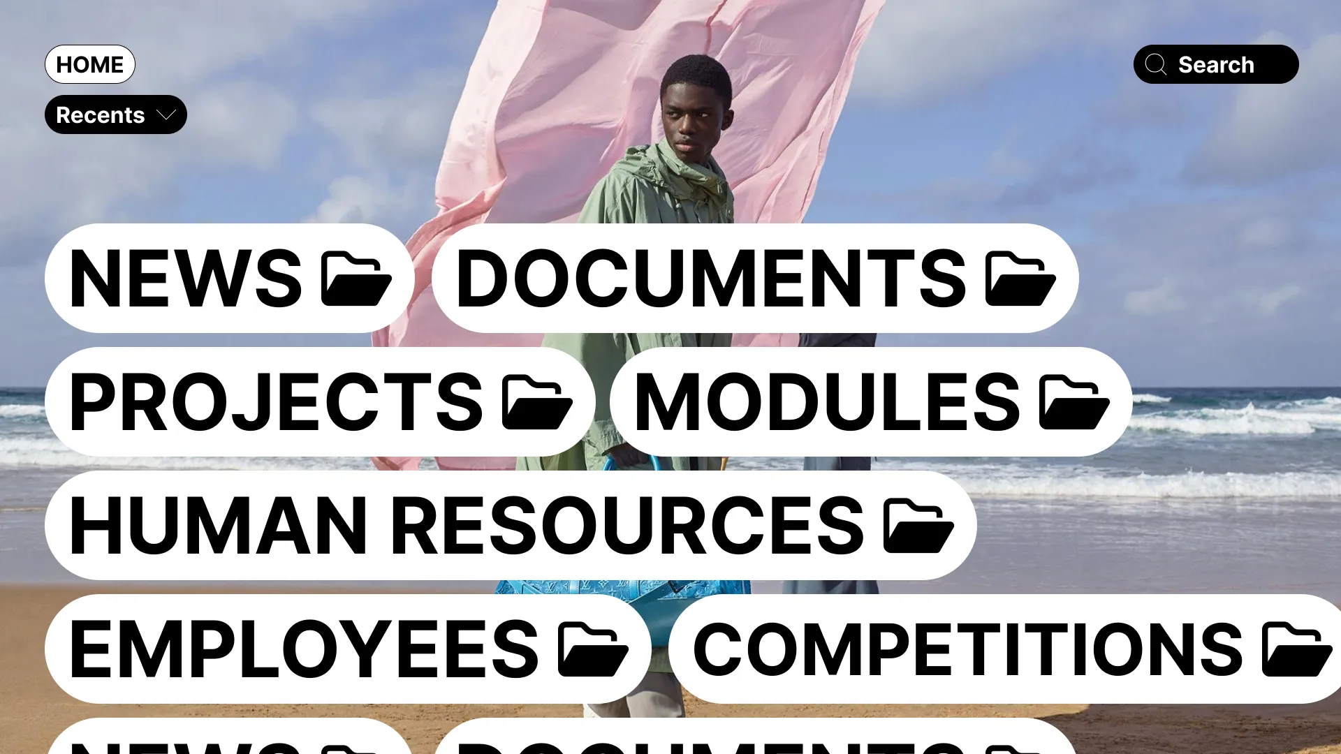 Digital notice board layout with folder navigation for documents and projects