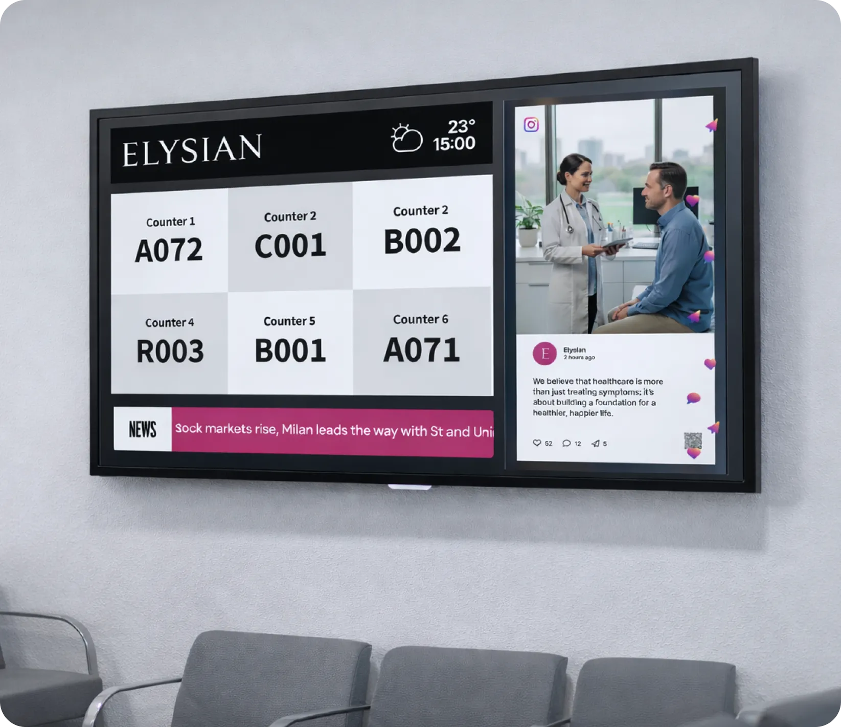 Waiting area queue display system showing counter numbers and corporate content