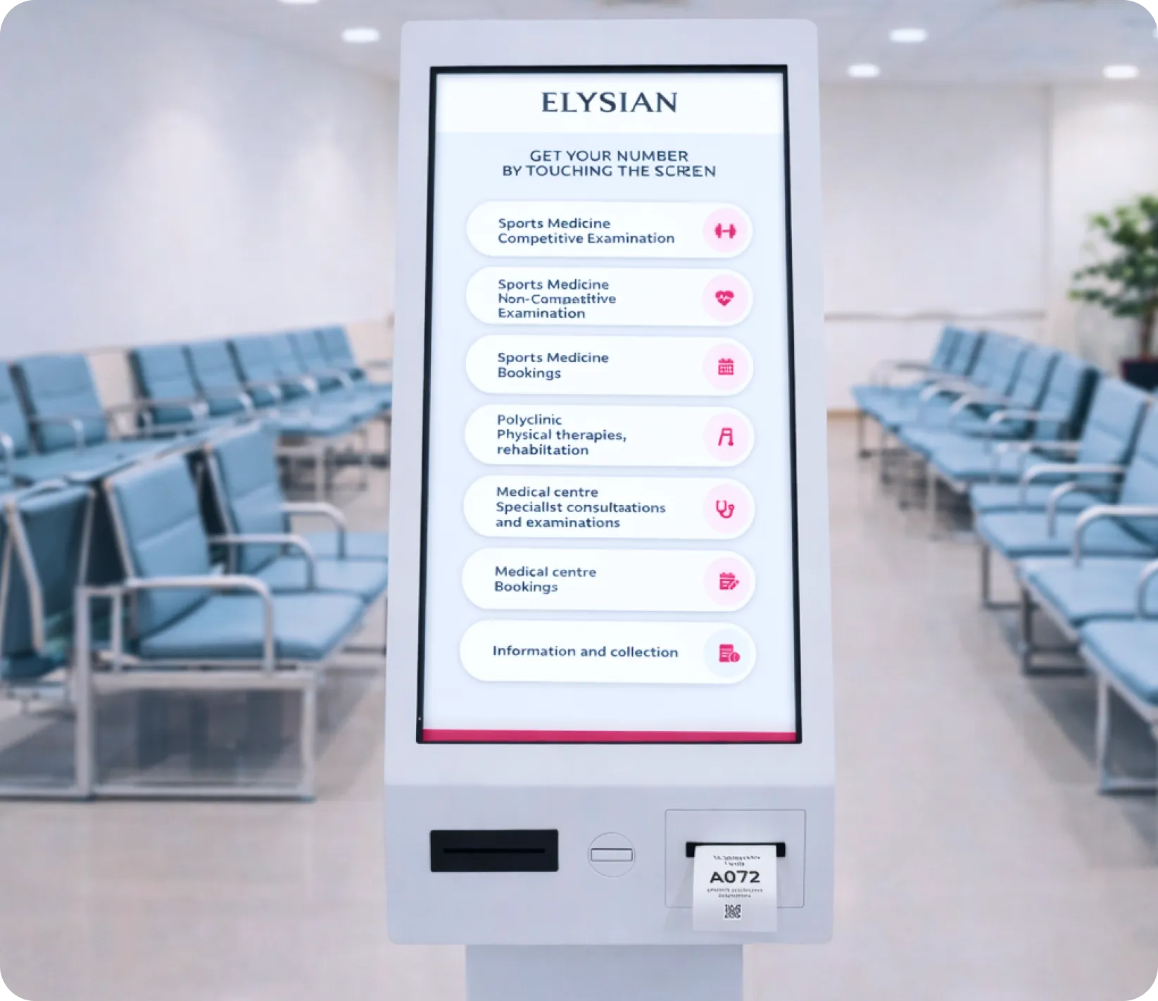 Ticketing kiosk in waiting area for queue management system with touchscreen ticket selection
