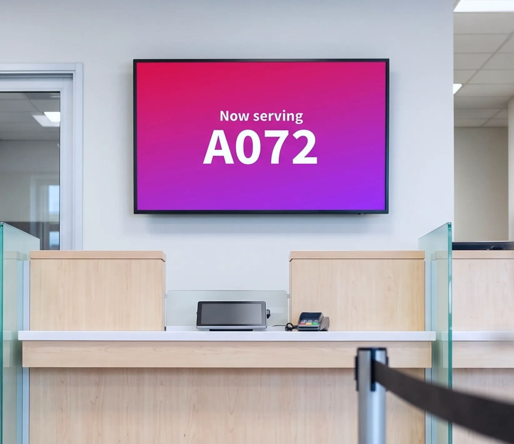 Counter monitor showing current ticket number for customer queue management