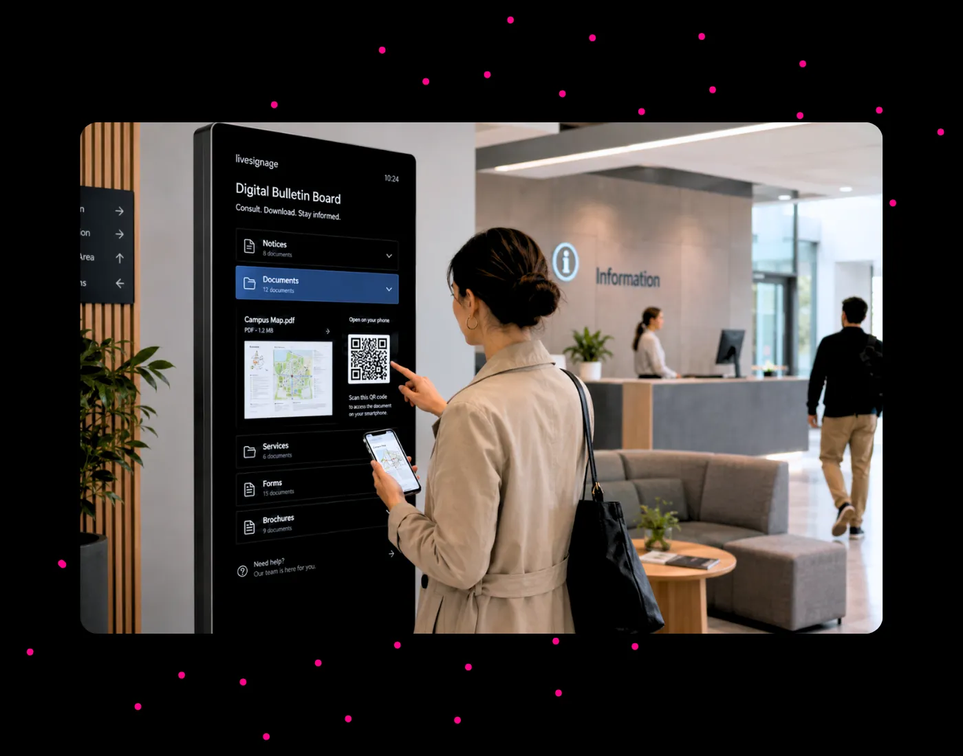 Woman interacting with a digital notice board display in a corporate office