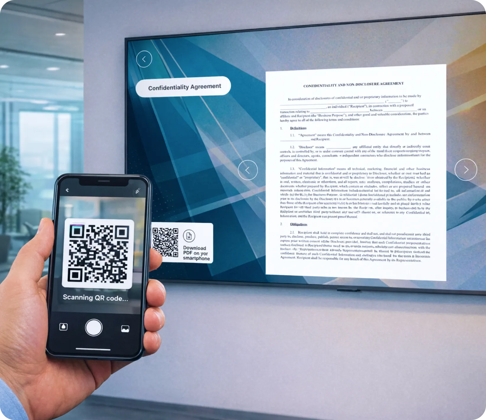 QR code takeaway feature on electronic notice board display