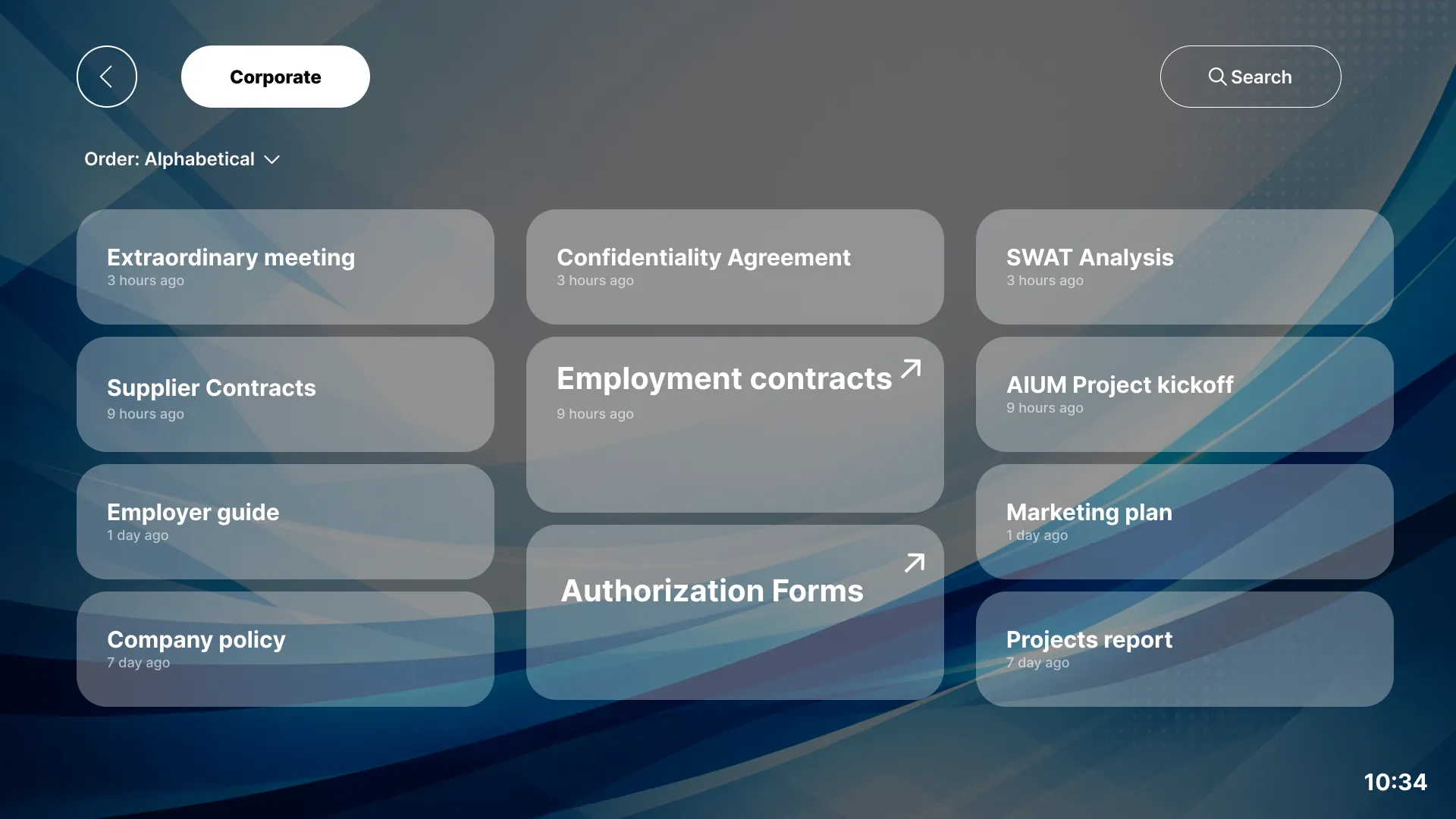 Office digital signage layout with employment contracts and company policy sections
