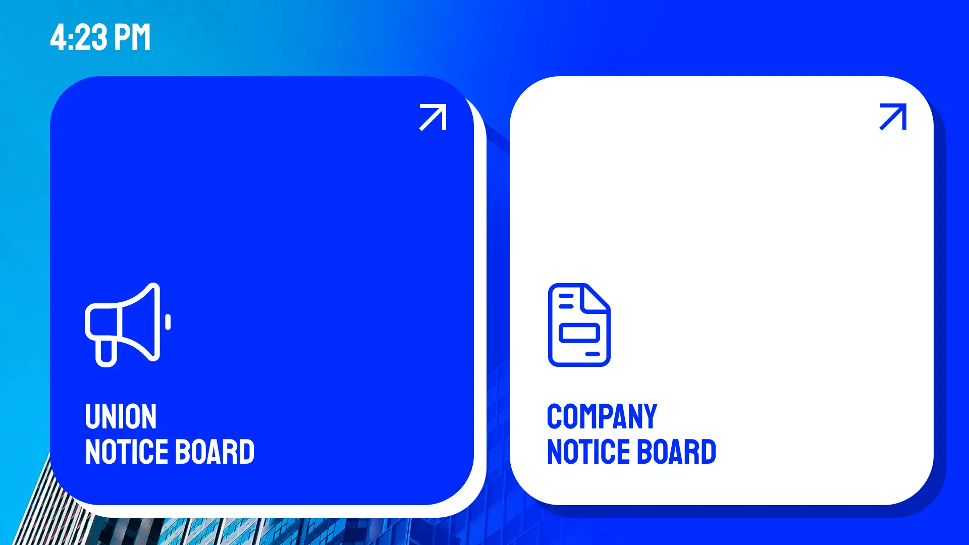Multi-zone electronic notice board layout with union and company notice boards