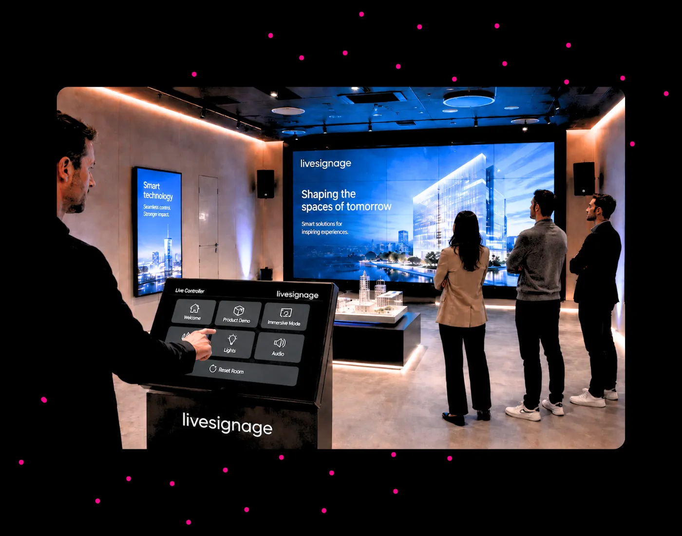 AV control system touchscreen managing screens and hardware in a corporate showroom