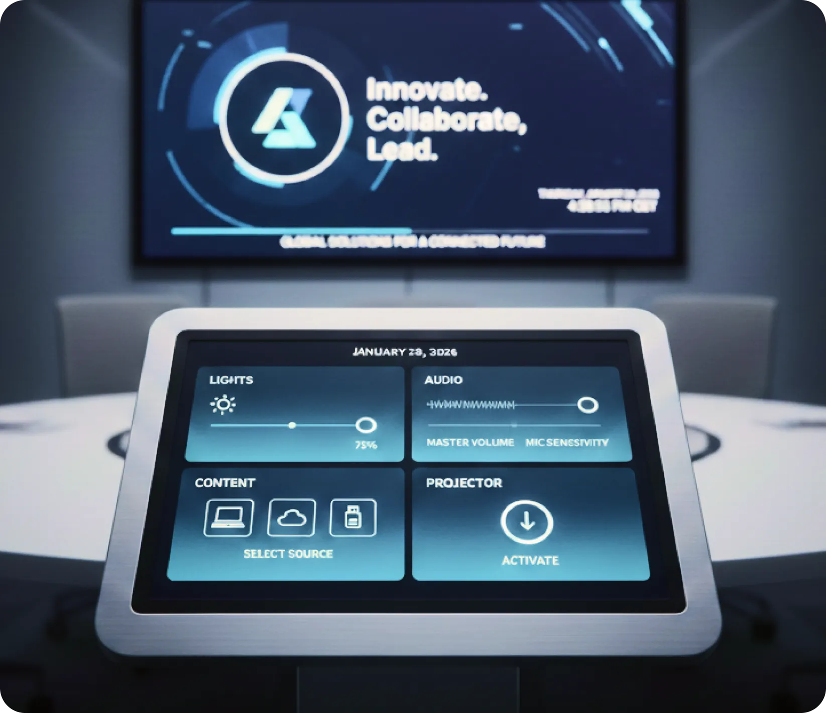AV automation dashboard managing lights, projectors and display power