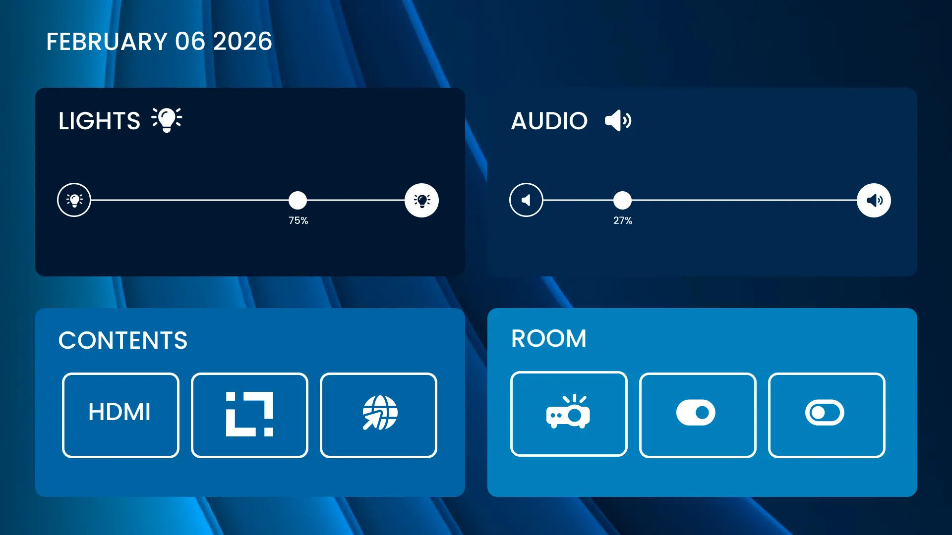 No-code automation panel controlling lights, audio and room settings