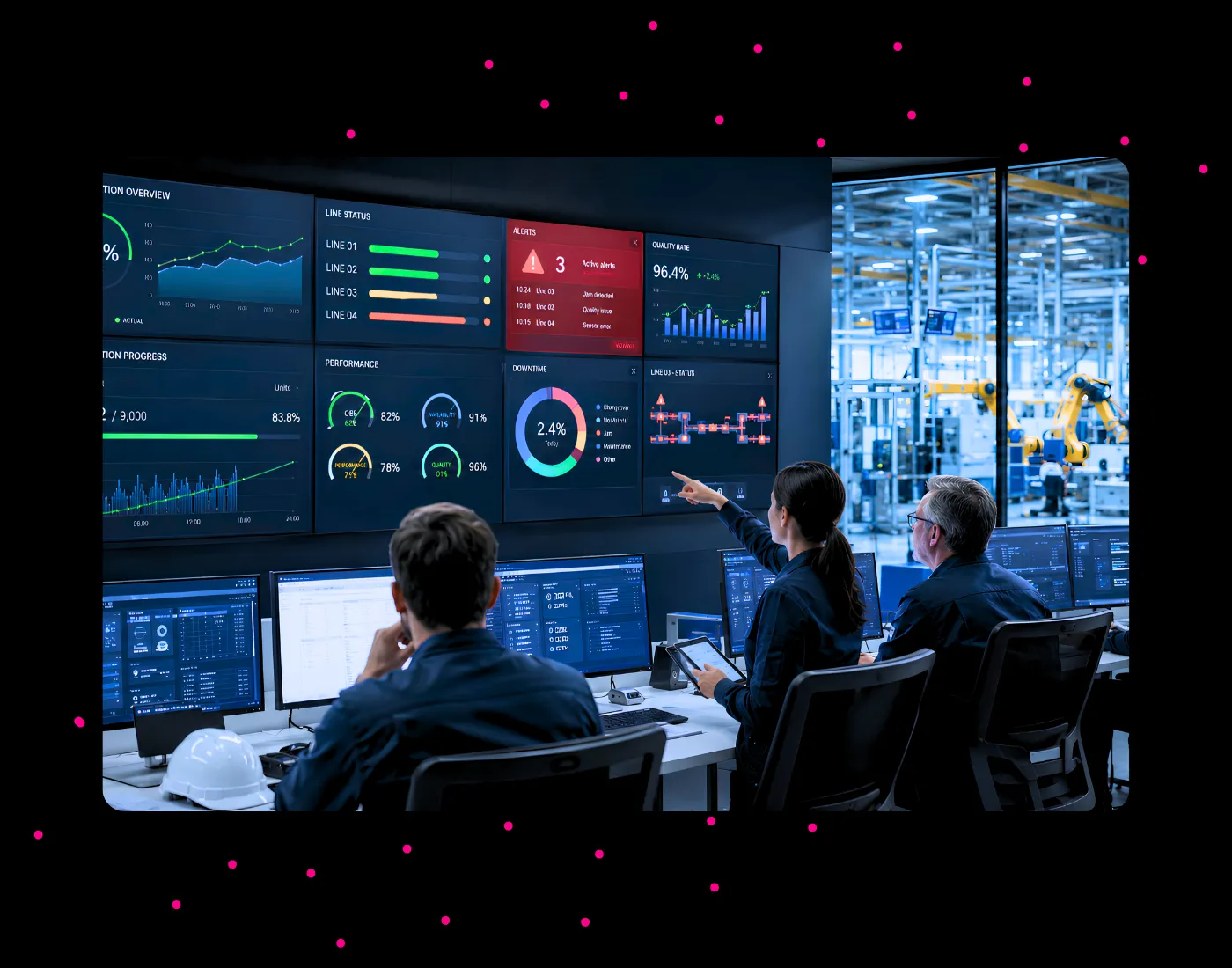 Executive operations dashboard on control room screens showing multi-source performance metrics