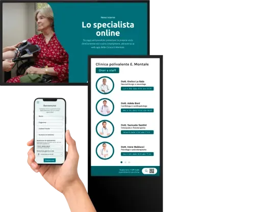 Digital signage ecosystem for healthcare with a totem, display and smartphone