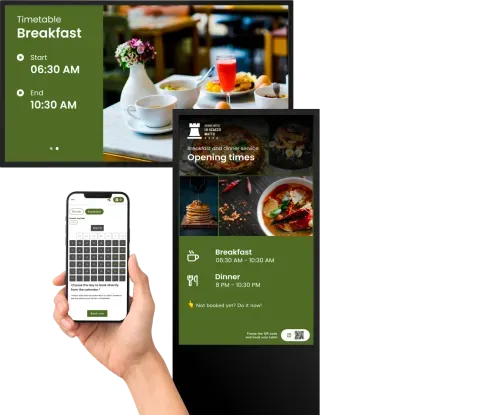 Digital signage ecosystem for hospitality with a totem, display and smartphone