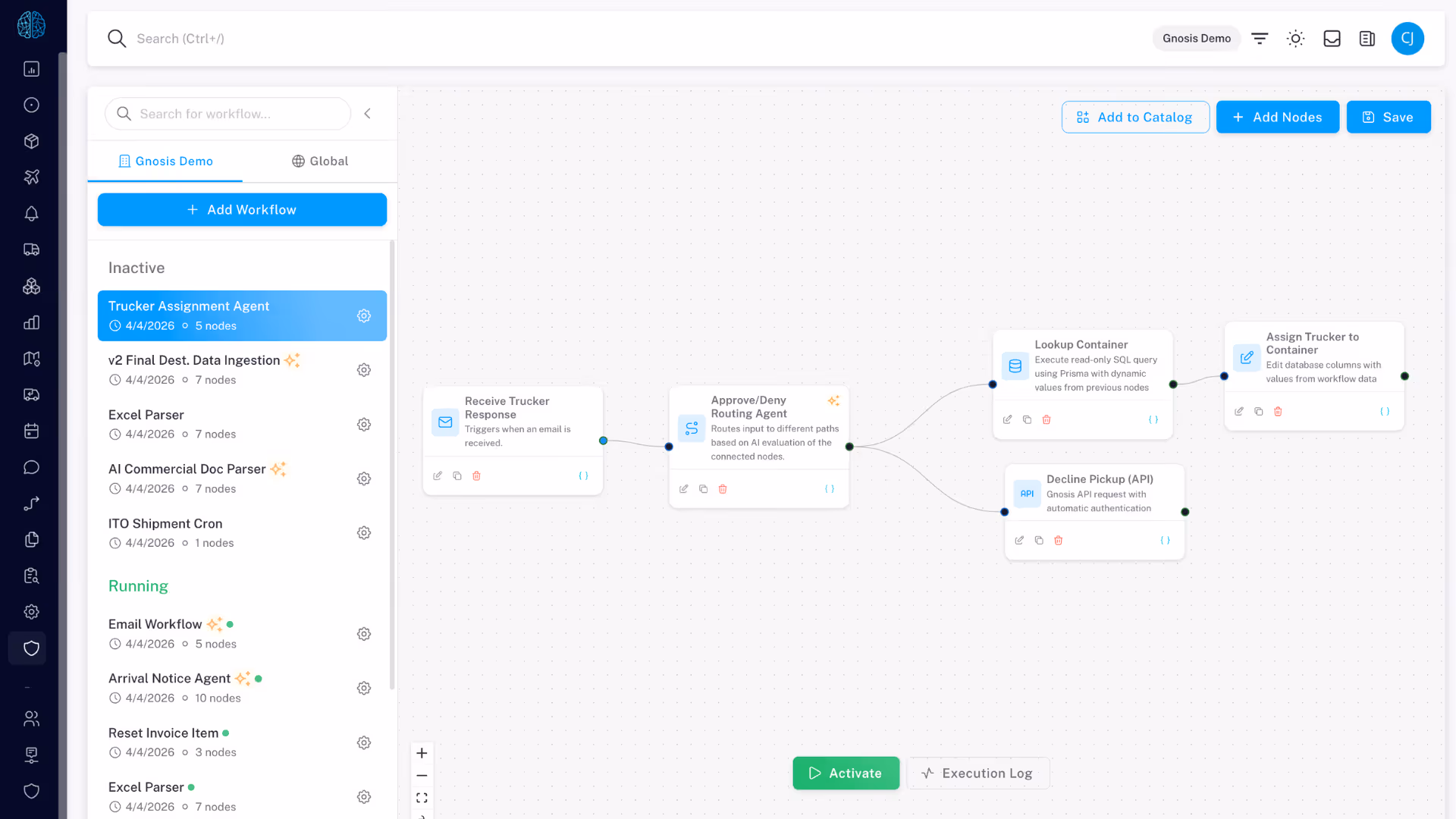 Workflow management interface showing an inactive 'Trucker Assignment Agent' workflow with interconnected nodes detailing tasks like receiving trucker responses and routing approvals.