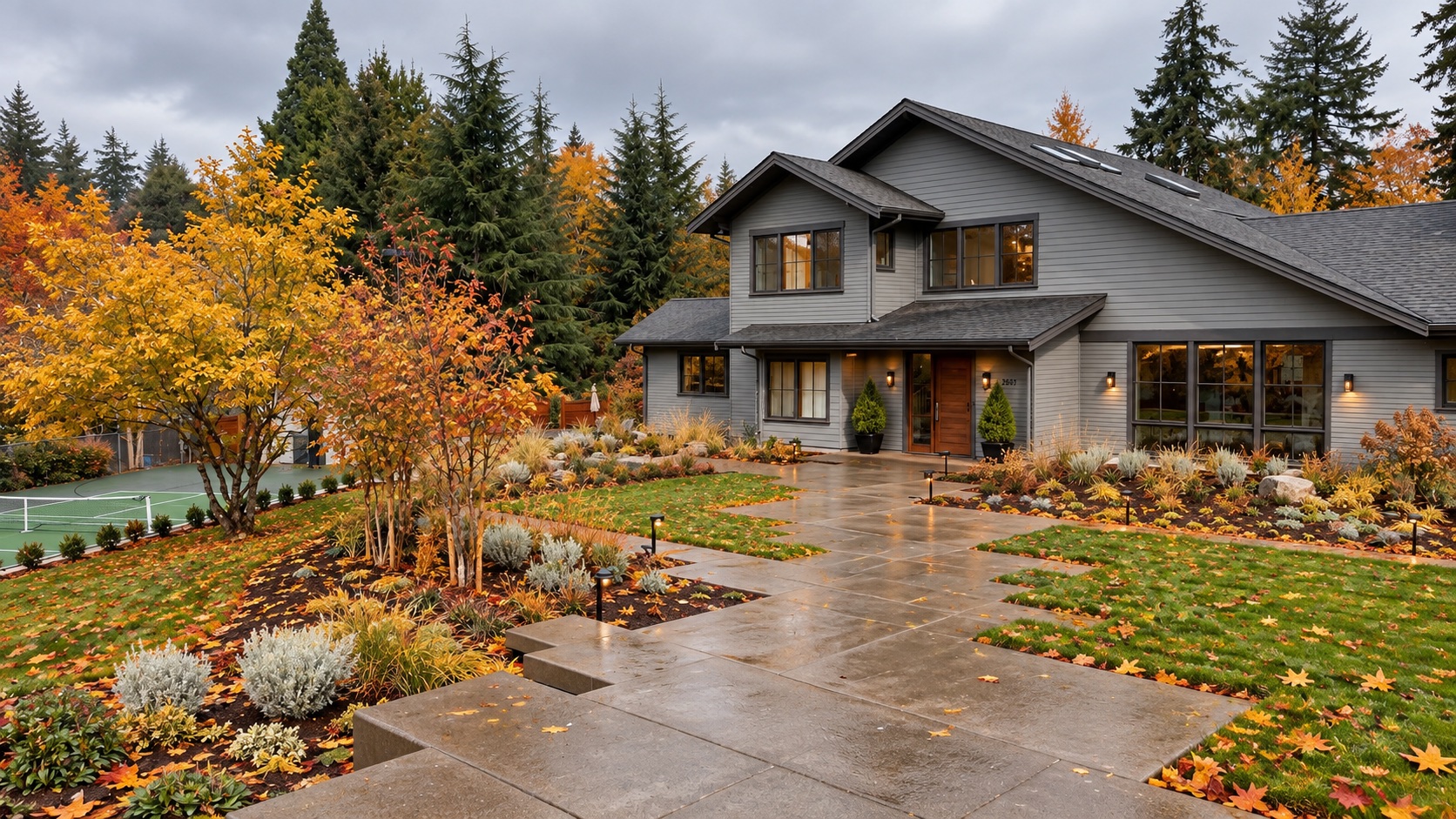 AI seasonal illustration based on a Reese landscape photo, showing autumn foliage around an Oregon home