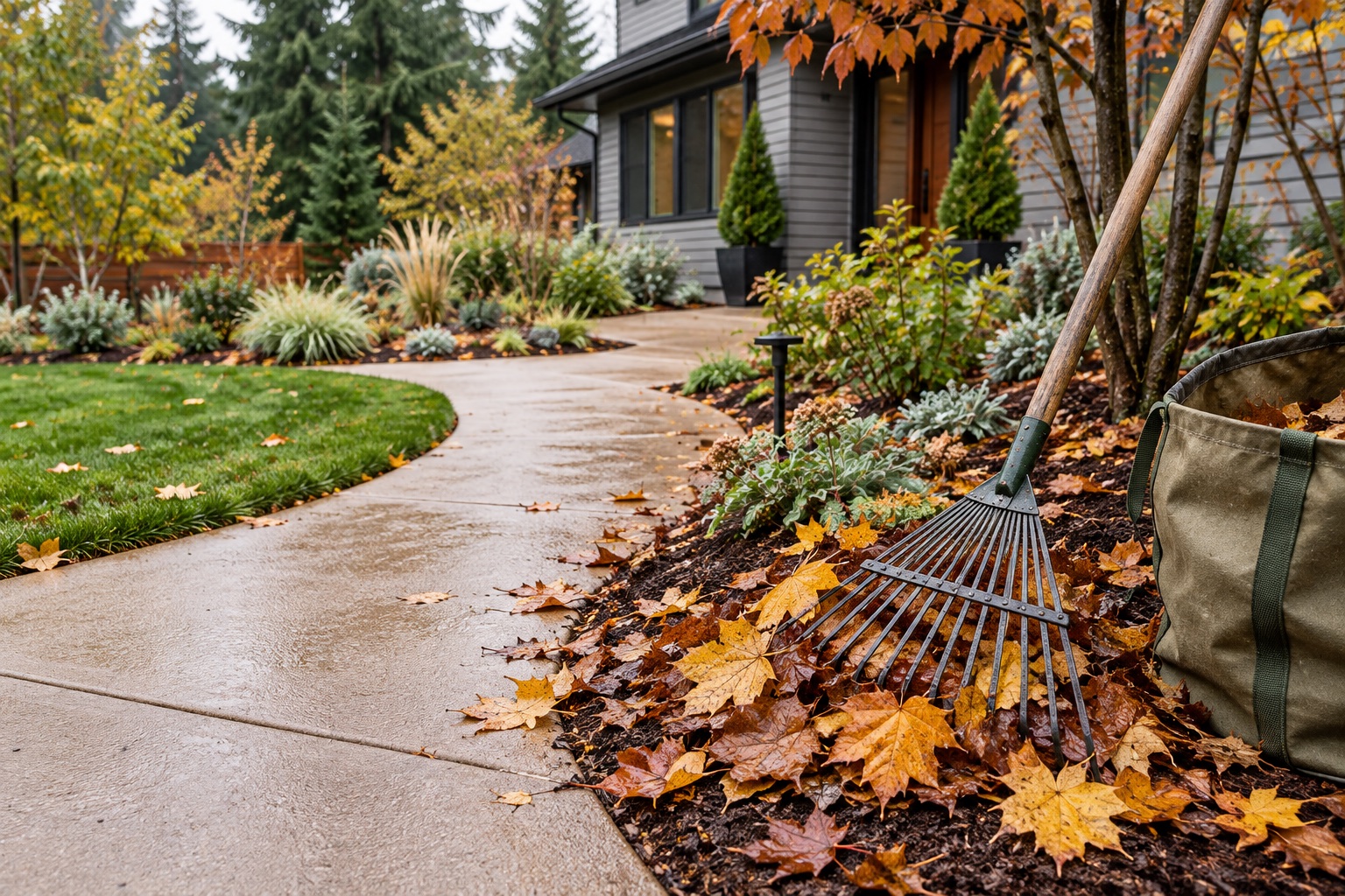 Illustration of a leaf rake and collected autumn leaves beside a garden walkway