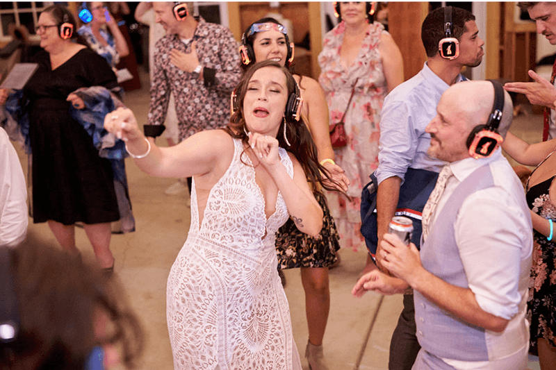 Silent disco event hosted by Silent Disco Rentals in Los Angeles. Attendees enjoy wireless headphones, creating a vibrant atmosphere perfect for parties and events.