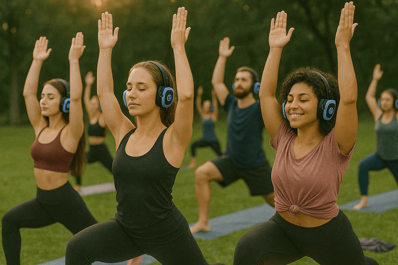 Silent disco event hosted by Silent Disco Rentals in Los Angeles. Attendees enjoy wireless headphones, creating a vibrant atmosphere perfect for parties and events.