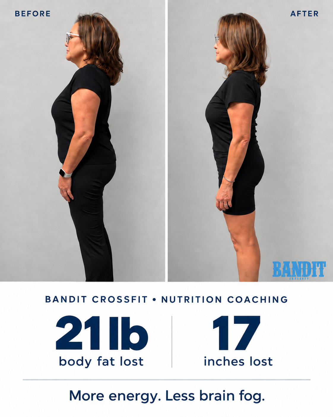 Before-and-after photos of a Bandit CrossFit nutrition client: 21 lb body fat lost, 17 inches lost, more energy and less brain fog.