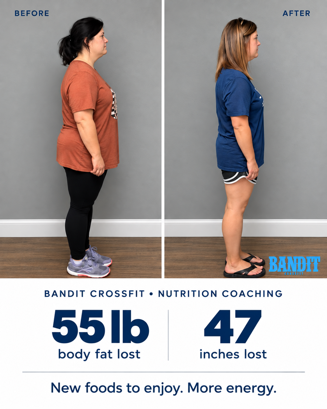 Before-and-after photos of a Bandit CrossFit nutrition client: 55 lb body fat lost, 47 inches lost, new foods to enjoy and more energy.