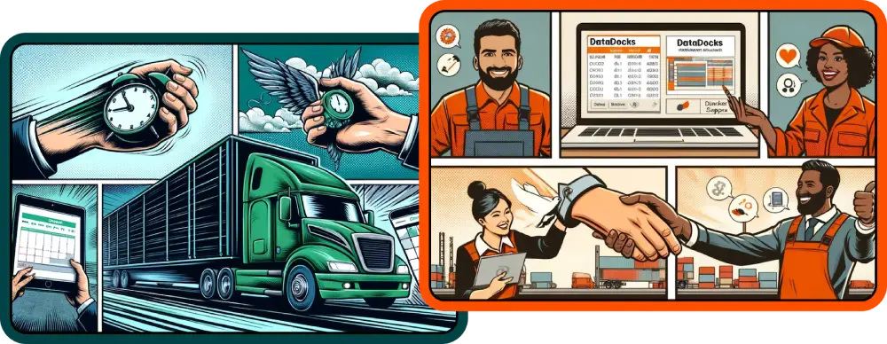 Fast delivery logistics with truck tracking, on-time shipment icons, digital dock scheduling, and happy customer service representatives shaking hands with partners