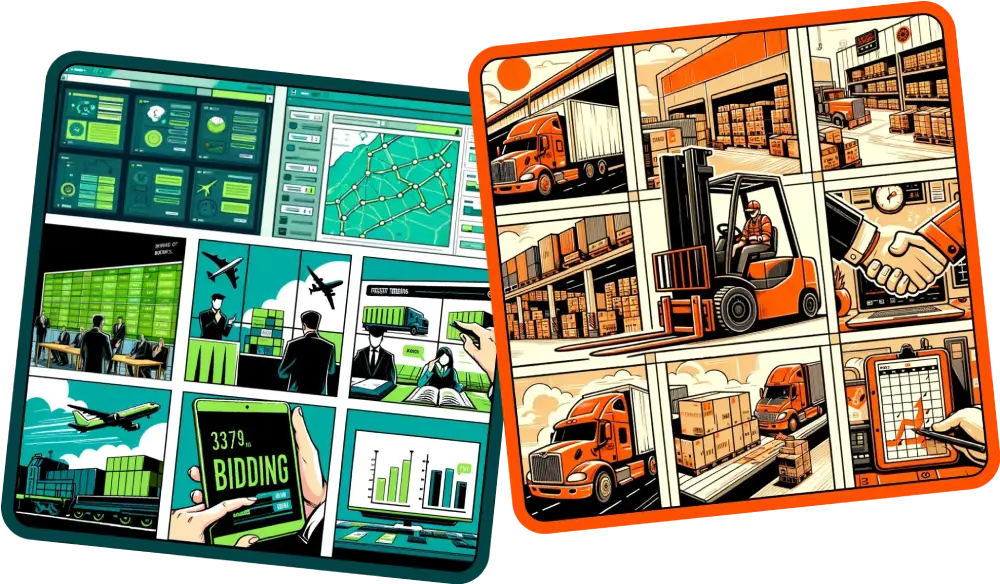 Freight management and warehouse operations depicted with digital bidding platforms, route optimization maps, forklifts, and cargo loading