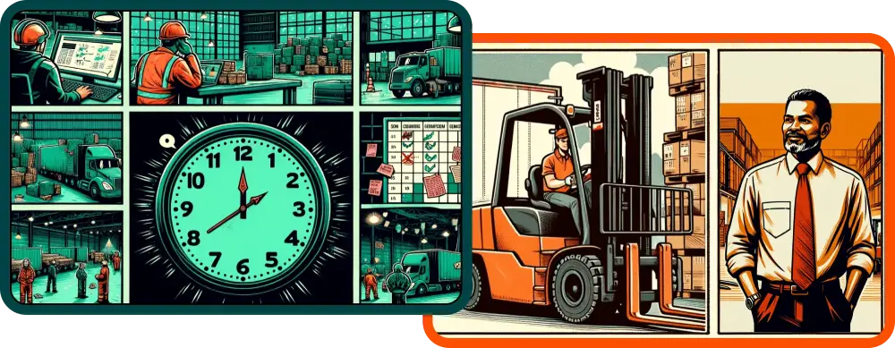 Warehouse logistics operations showing workers managing inventory, trucks loading and unloading, a clock indicating shift time, and supervisors monitoring schedules and checklists
