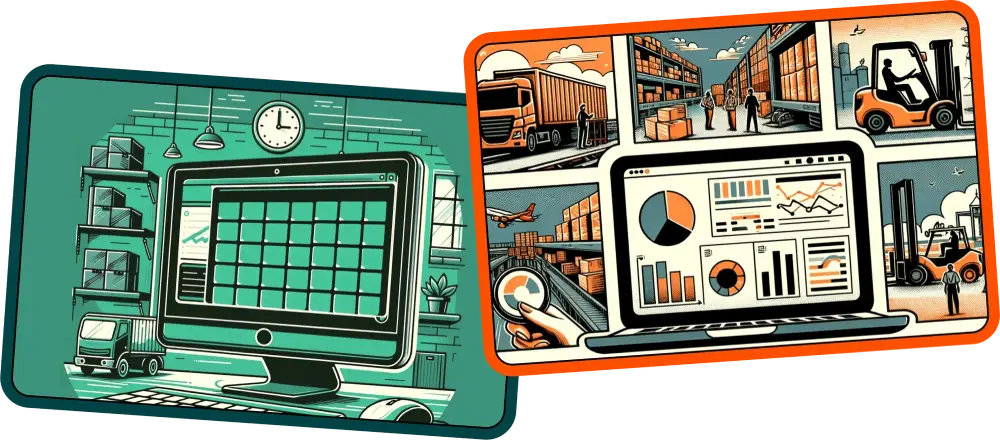Warehouse management software displayed on desktop screens with logistics dashboards, inventory tracking, and forklifts in a busy supply chain environment
