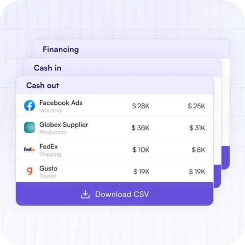 illustration of finance informaiton organisez into financing, cash in and cash out