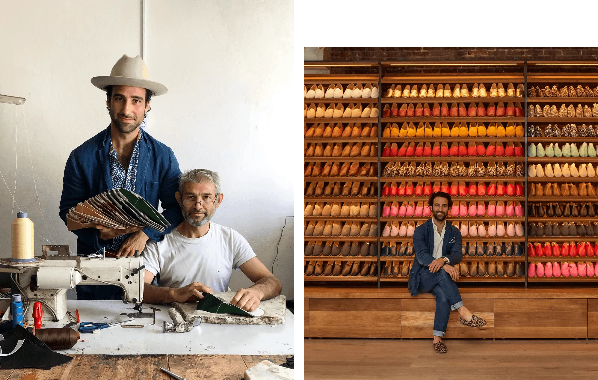 two photographs, in a dual column layout. left side photo showing Mikey, Sabah owner, with a maker creating clothing over a machine. Right side photo of Mikey in Sabah NYC store with a background of Sabah shoes.