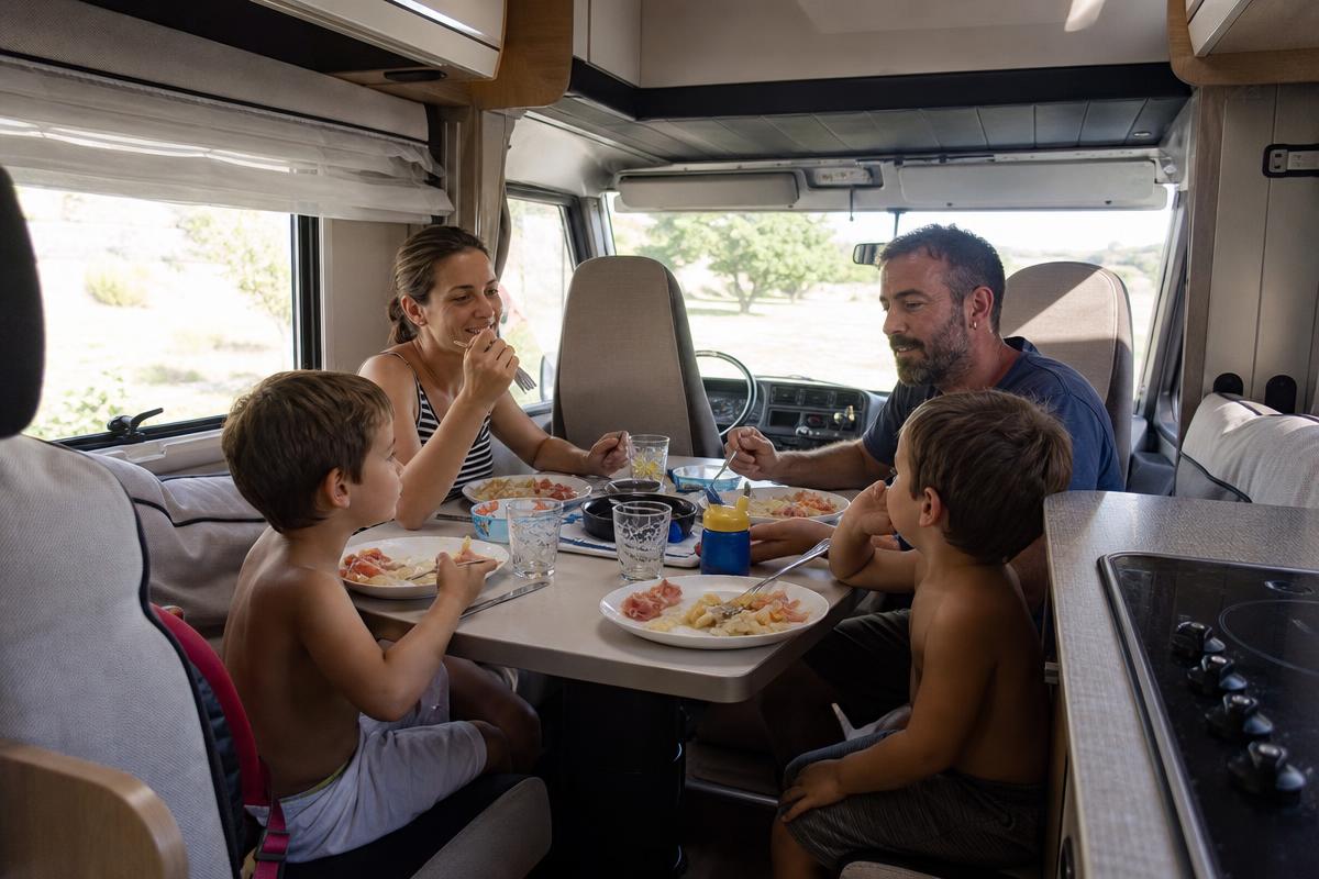 Interior de autocaravana con familia de cuatro personas, caso donde el alquiler sí compensa