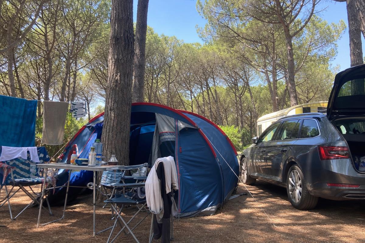 Parcela de camping tradicional con tienda y coche familiar