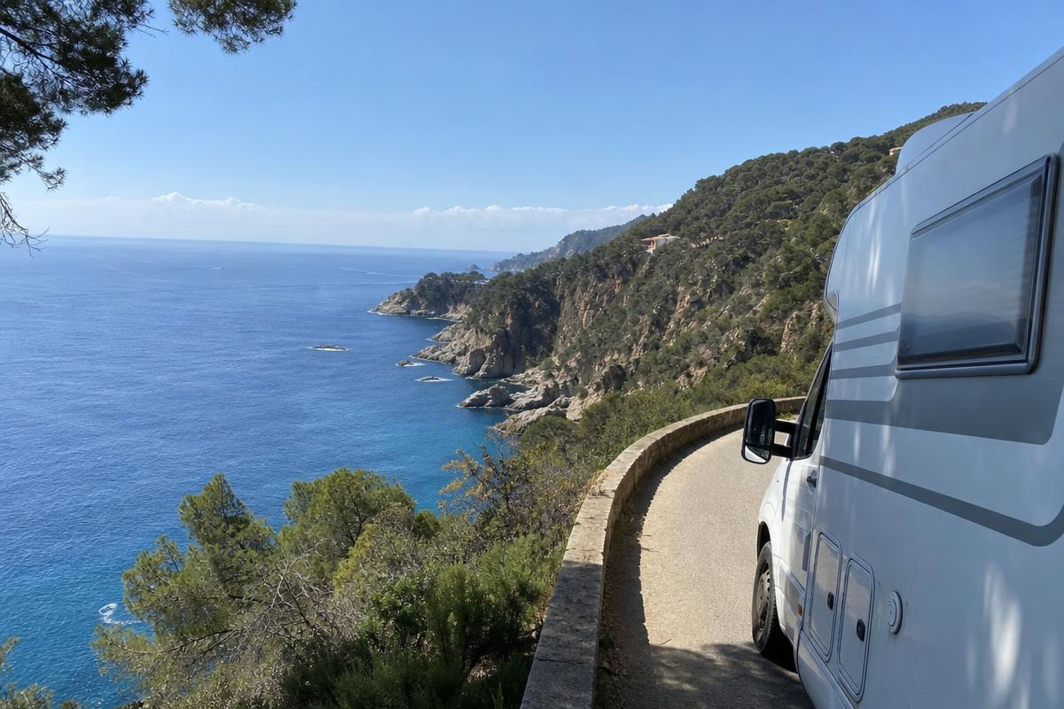 Autocaravana en ruta costera de la Costa Brava, Cataluña