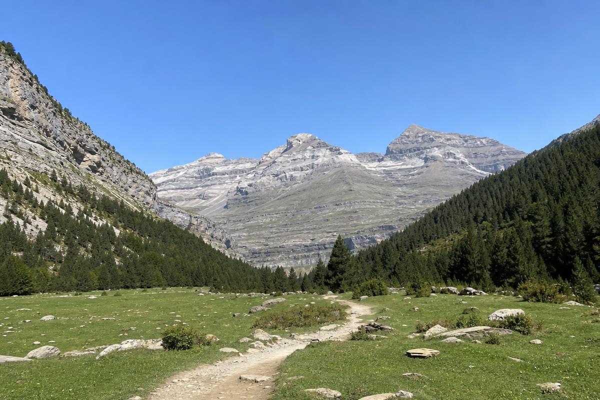 Valle de Ordesa desde la Pradera con sendero y montañas del Parque Nacional