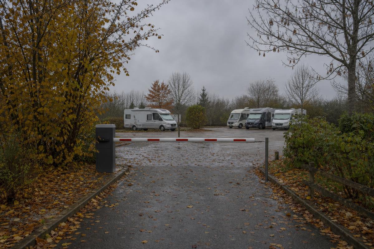 Barrera cerrada en un área de autocaravanas fuera de temporada