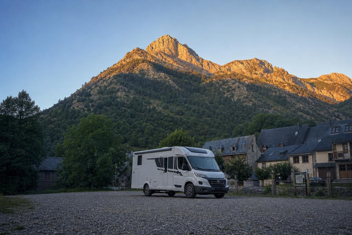 Autocaravana aparcada en el pueblo de acceso al Parque Nacional de Aigüestortes al amanecer