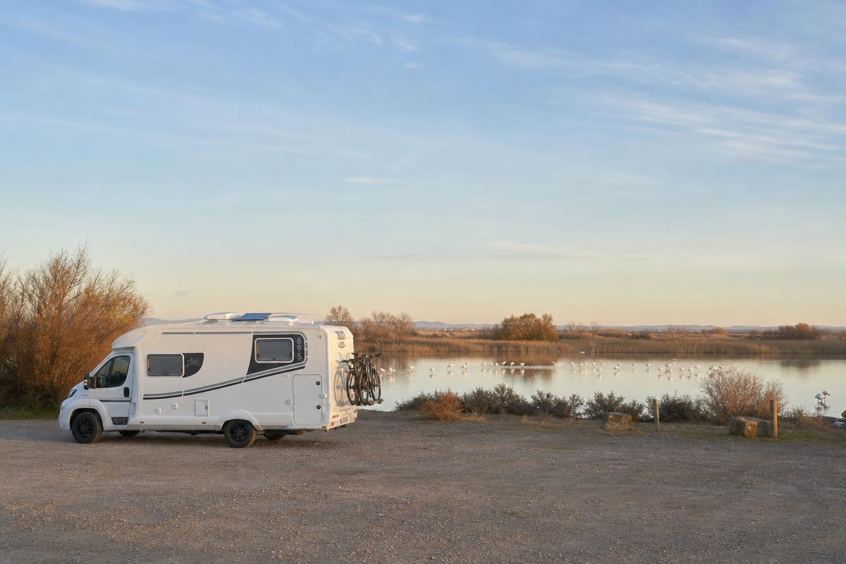 Autocaravana en un área junto a las lagunas del Delta del Ebro con flamencos al fondo