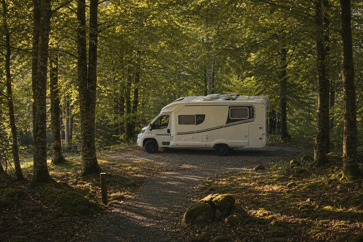Autocaravana bajo hayas en un área de pernocta del Parque Natural del Montseny