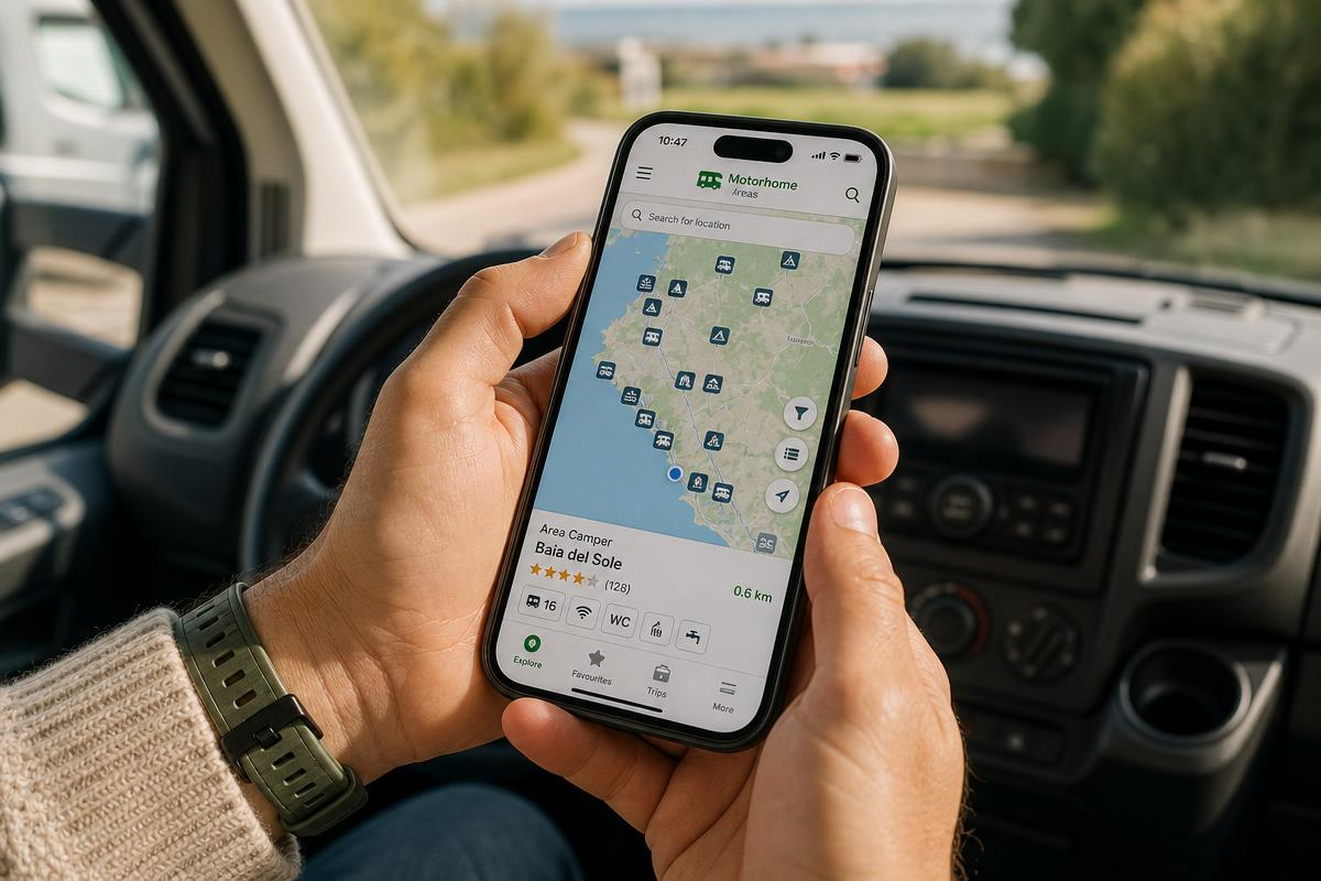 Usando una app de mapas para localizar áreas de autocaravanas en la ruta