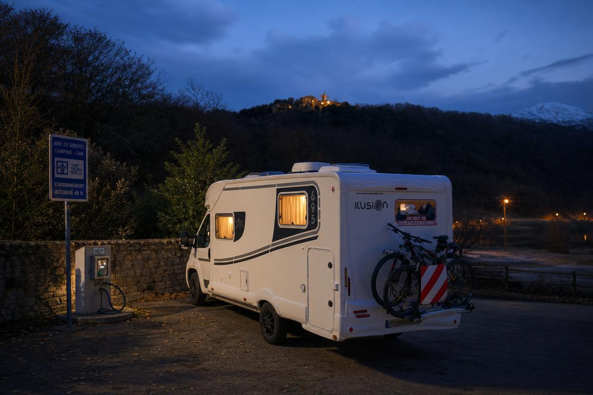 Autocaravana perfilada aparcada en un área de servicio municipal francesa al atardecer