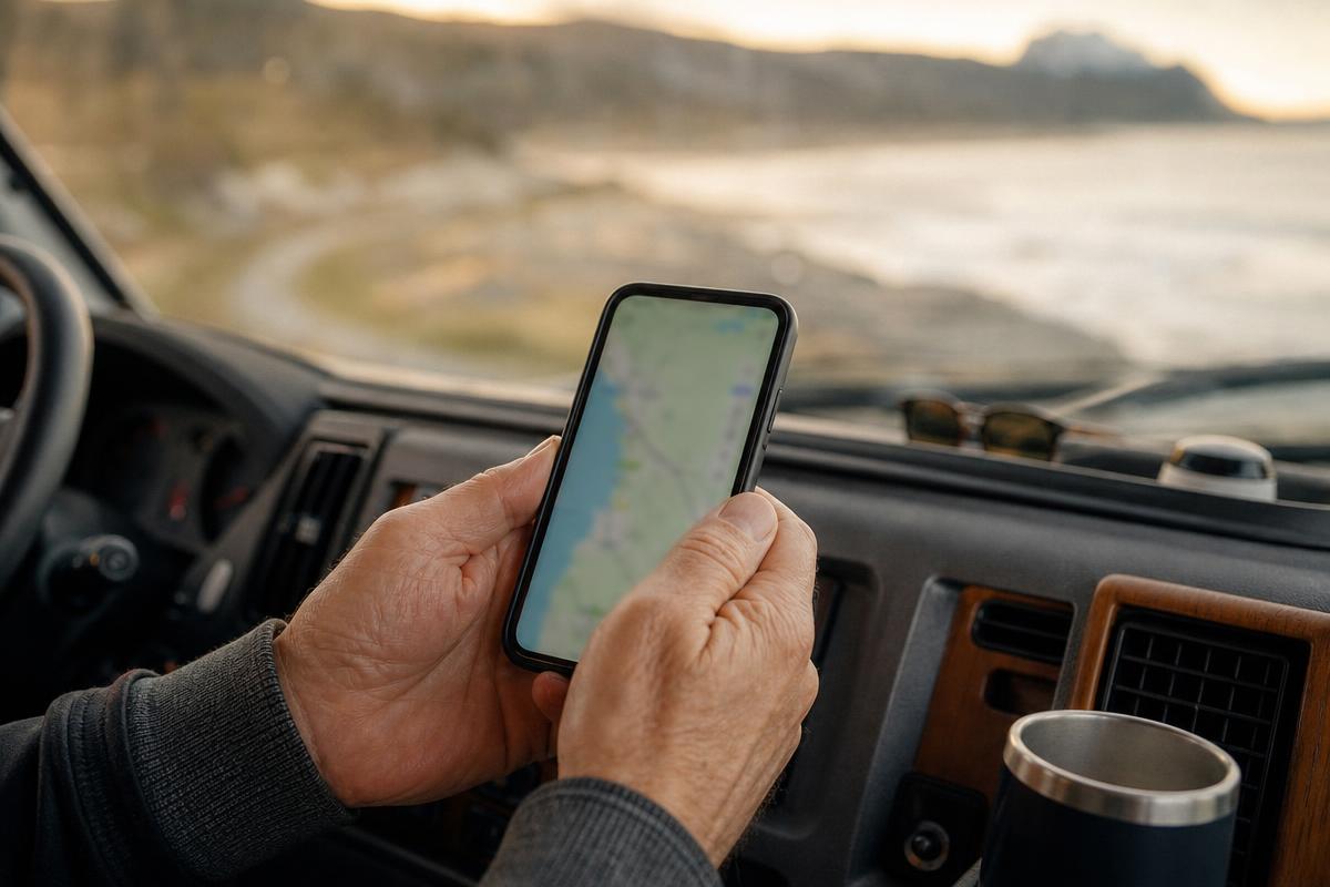 Consultando el mapa de áreas de autocaravanas desde el salpicadero