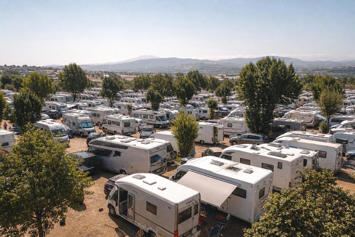 Área de autocaravanas llena en temporada alta de verano