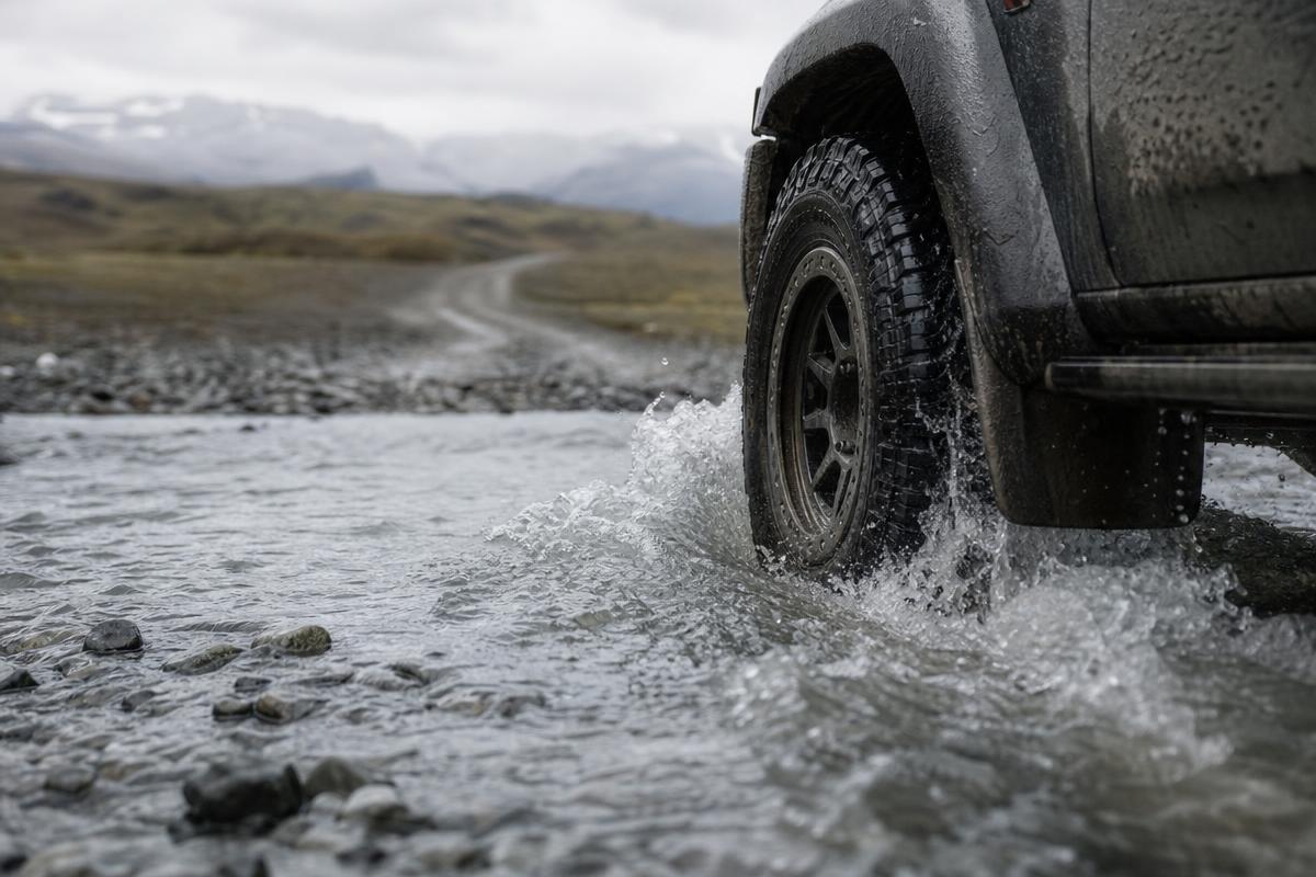 Cruce de río en una carretera F de las Tierras Altas de Islandia con vehículo 4x4