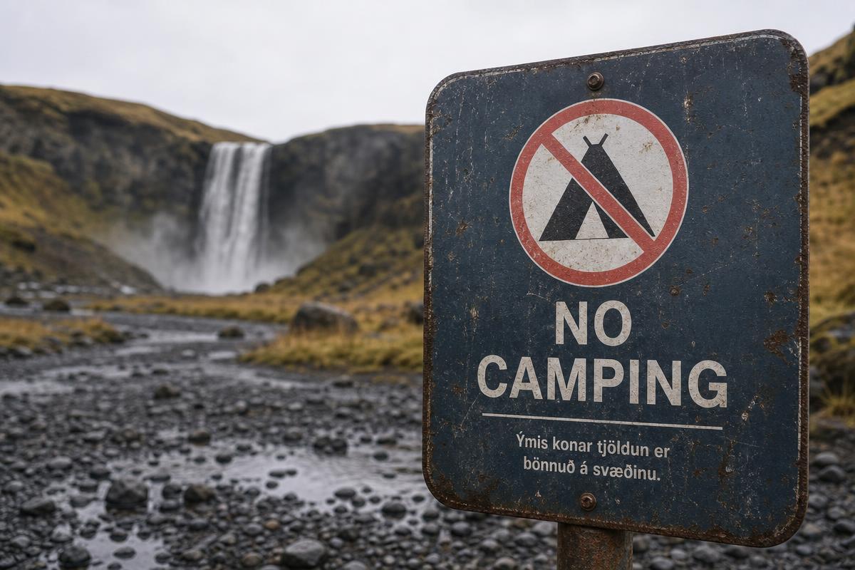 Señal que prohíbe la acampada libre en un aparcamiento de Islandia
